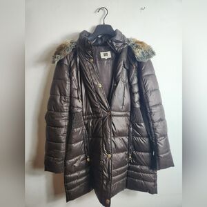 Laundry by Design Chocolate Puffer Coat with Faux Fur Trim